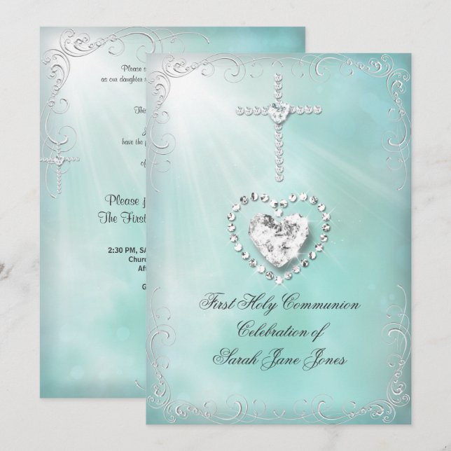 Girl First Holy Communion Teal Blue Heavenly Invitation (Front/Back)