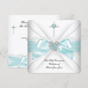 Girl First Holy Communion Teal White Heart Invitation