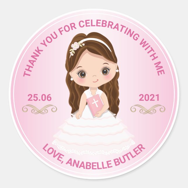 Girl First Holy Communion Thank You Round Sticker (Front)