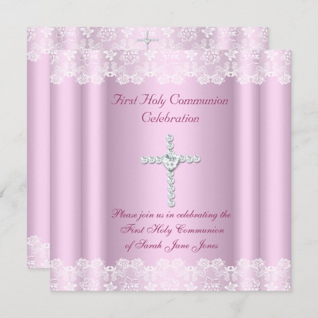 Girl First Holy Communion White Lace Pink Cross Invitation (Front/Back)