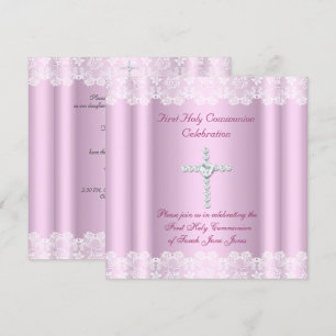 Girl First Holy Communion White Lace Pink Cross Invitation
