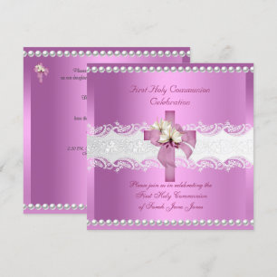 Girl First Holy Communion White Lace Pink Pearl Invitation