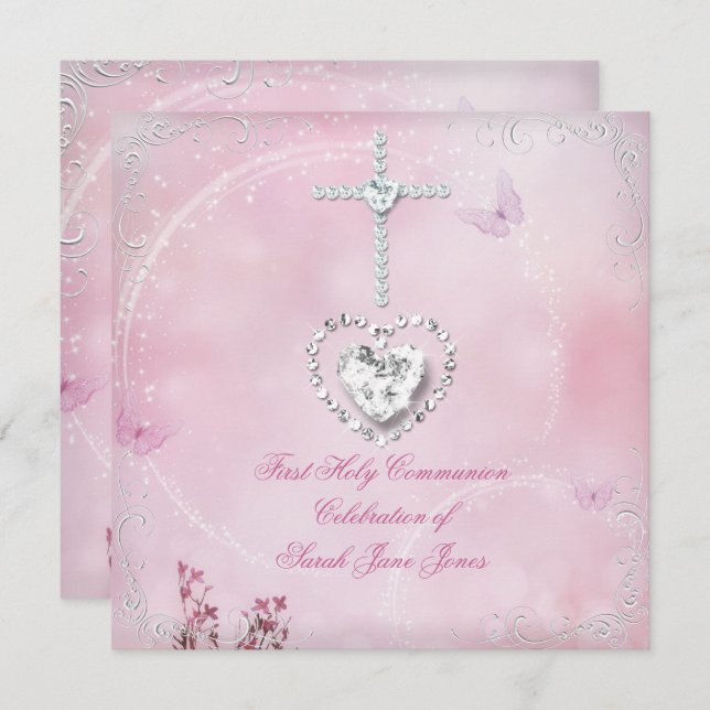 Girl First Holy Communion White Pink butterfly Invitation (Front/Back)