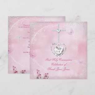 Girl First Holy Communion White Pink butterfly Invitation