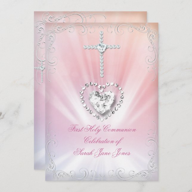 Girl First Holy Communion White Pink Heavenly 2 Invitation (Front/Back)