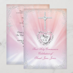 Girl First Holy Communion White Pink Heavenly 2 Invitation