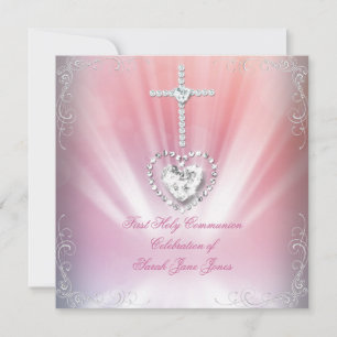 Girl First Holy Communion White Pink Heavenly Invitation