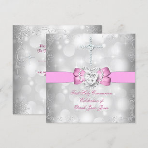 Girl First Holy Communion White Pink Invitation