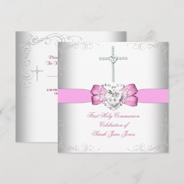 Girl First Holy Communion White Pink Invitation (Front/Back)
