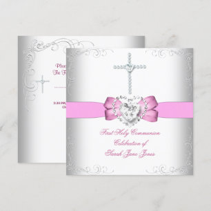 Girl First Holy Communion White Pink Invitation
