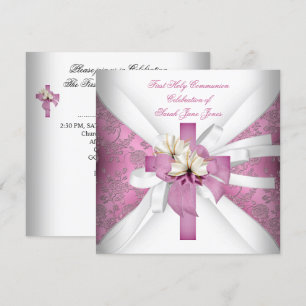 Girl First Holy Communion White Pink Invitation