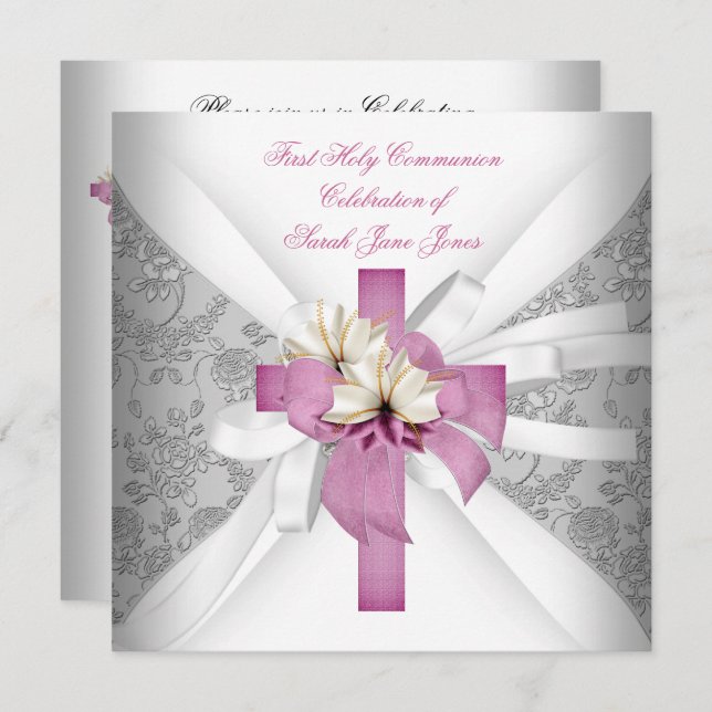 Girl First Holy Communion White Pink Invitation (Front/Back)
