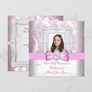 Girl First Holy Communion White Pink Photo Invitation