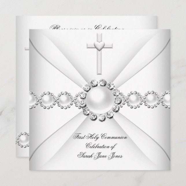 Girl First Holy Communion White Silver 2 Invitation (Front/Back)