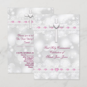 Girl First Holy Communion White Silver Invitation