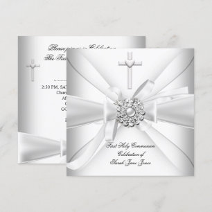 Girl First Holy Communion White Silver Invitation