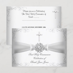 Girl First Holy Communion White Silver Invitation