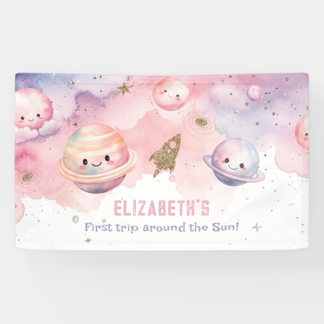 Girl First trip around the sun Planets birthday Banner (Horizontal)