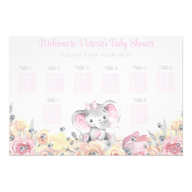 Girl Floral Elephant Baby Shower Seating Chart Photo Print (Front)
