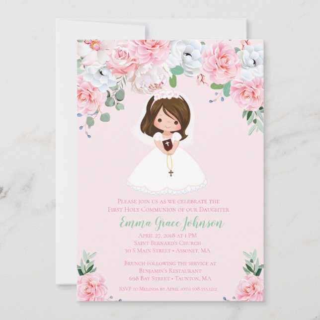 Girl Floral First Communion Invitation (Front)