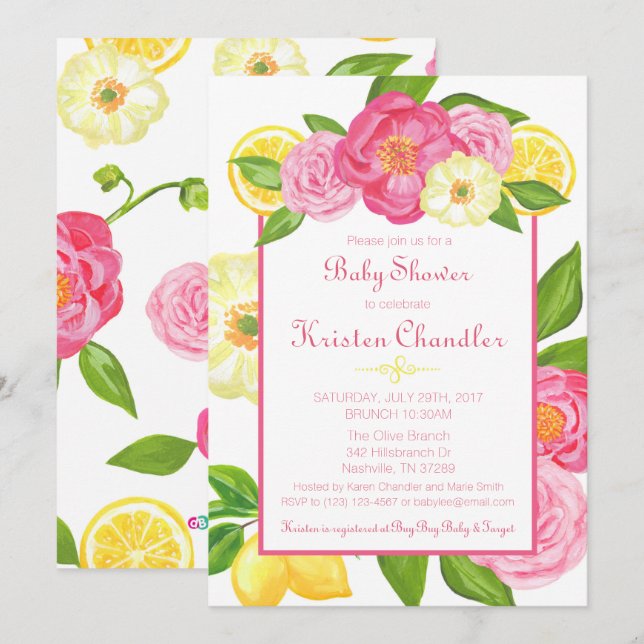 Girl Floral Garden Lemon Baby Shower Invitation (Front/Back)