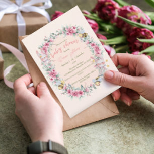 Girl Floral Pink Cute Bunny Baby Shower Invitation