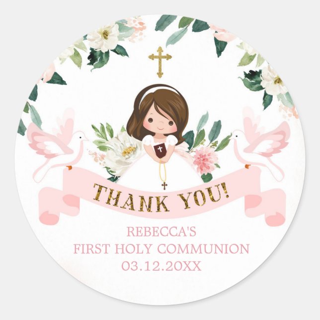 Girl Floral Pink First Communion Classic Round Sticker (Front)