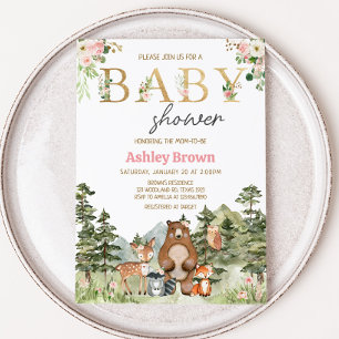 Girl Floral Woodland Animals Baby  Invitation