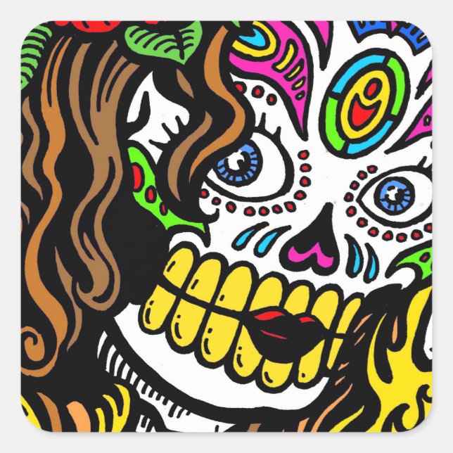 Girl Flower Sugar Skull Square Sticker (Front)