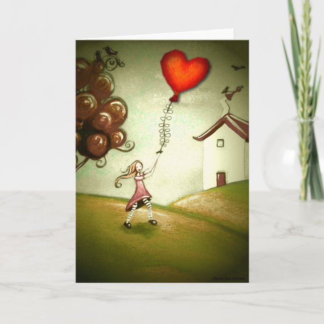 Girl Flying a Heart-Shaped Kite (Customizable) Holiday Card (Front)