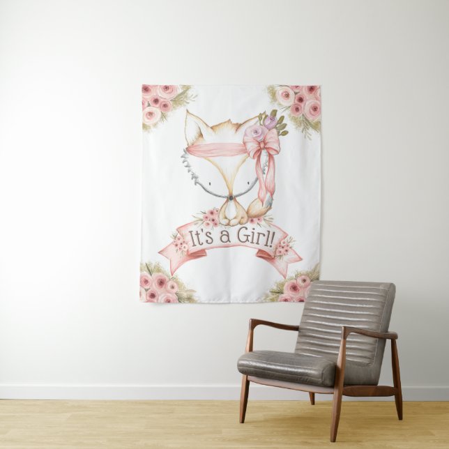 Girl Fox Baby Shower Backdrop Banner Tapestry (In Situ)