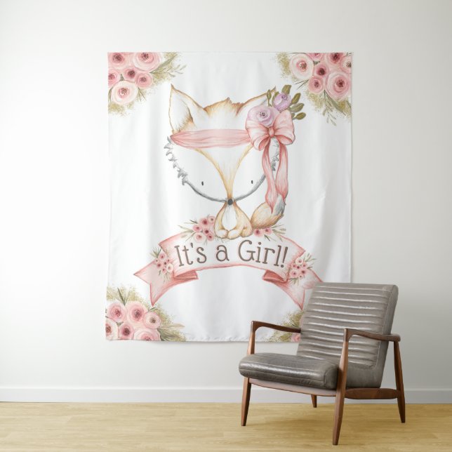 Girl Fox Baby Shower Backdrop Tapestry (In Situ)
