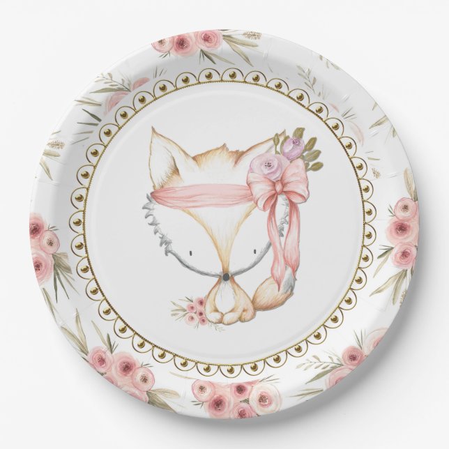 Girl Fox Baby Shower Paper Plates (Front)