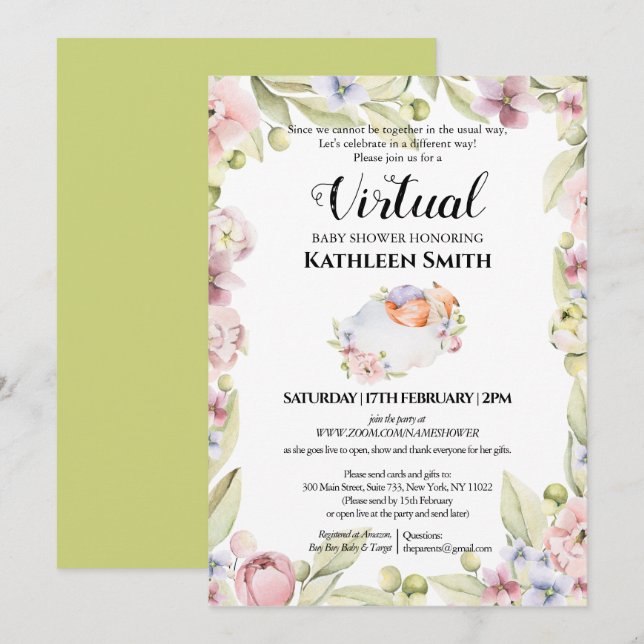 Girl Fox Elegant Floral Greenery Virtual Shower Invitation (Front/Back)