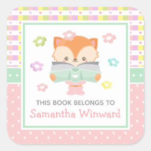 Girl Fox Pink and Green Kids Bookplate Square Sticker