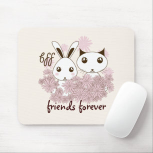 Girl Friendship BFF Cute Cartoon Kitten and Bunny Mouse Pad