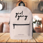 Girl Gang | Girl Power Modern Feminism Blush Pink Printed Backpack<br><div class="desc">Simple,  stylish "girl gang" quote design in modern minimalist script typography in off-black on a baby pink background to celebrate women and girl power! Perfectly versatile for everyday,  a bachelorette party or a cute matching combo for mother and daughters,  sisters and friends!</div>