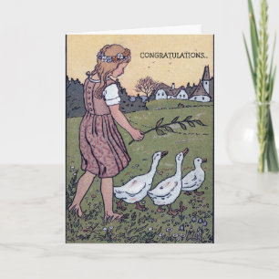 Girl geese heading home Dutch greeting card