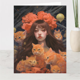 GIRL & GINGER CAT CATS BIRTHDAY BIG GREETING CARD