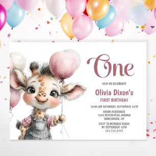Girl Giraffe 1st Birthday Party Invitation