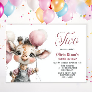 Girl Giraffe 2nd Birthday Party Invitation