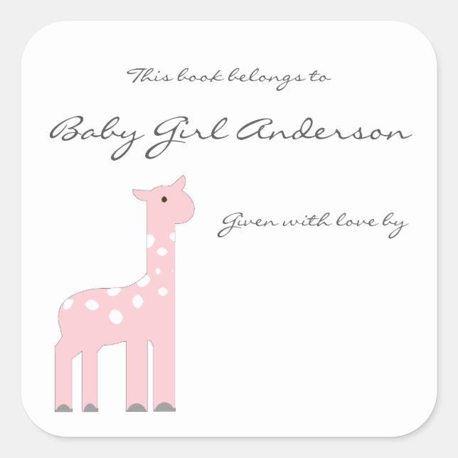 Girl Giraffe Baby Shower Bookplate Square Sticker (Front)