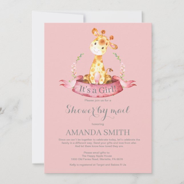 Girl Giraffe Baby Shower by Mail Invitation (Front)