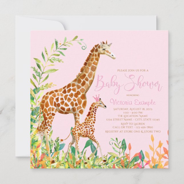 Girl Giraffe Baby Shower Invitations (Front)