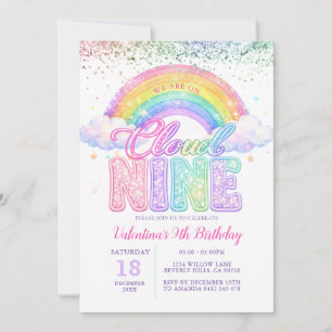 Girl Glitter Rainbow Pastel Cloud Nine Birthday Invitation