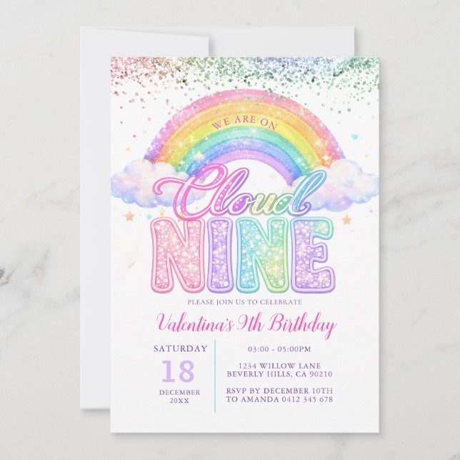 Girl Glitter Rainbow Pastel Cloud Nine Birthday Invitation (Front)