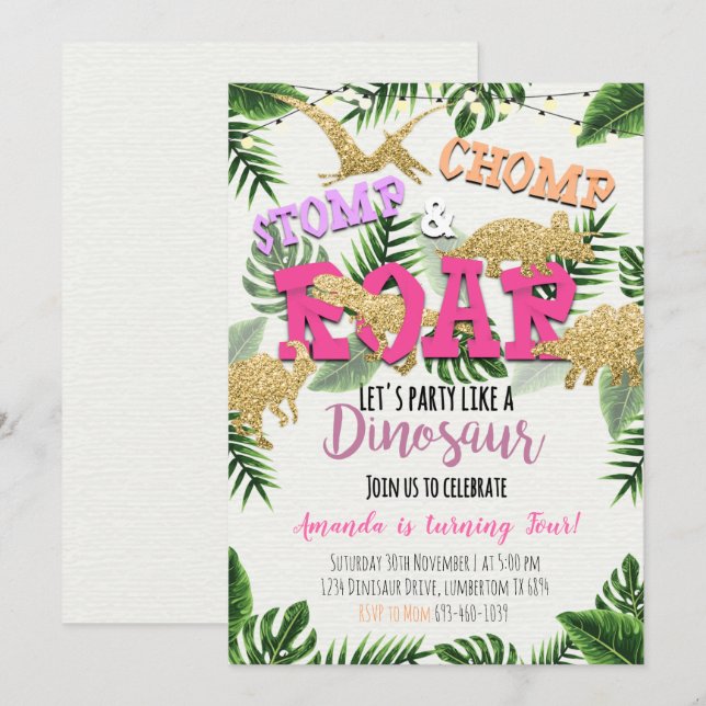 Girl Gold Dinosaur Tropical Birthday Invitation (Front/Back)