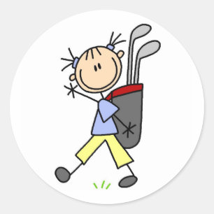 Girl Golfer With Bag and Clubs Classic Round Sticker