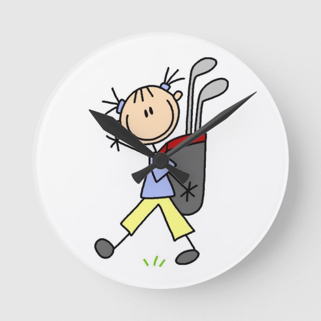Girl Golfer With Bag and Clubs Round Clock (Front)