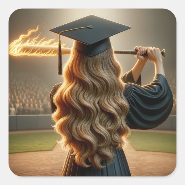 Girl Graduate Swinging a Flaming Baseball Bat Square Sticker (Front)